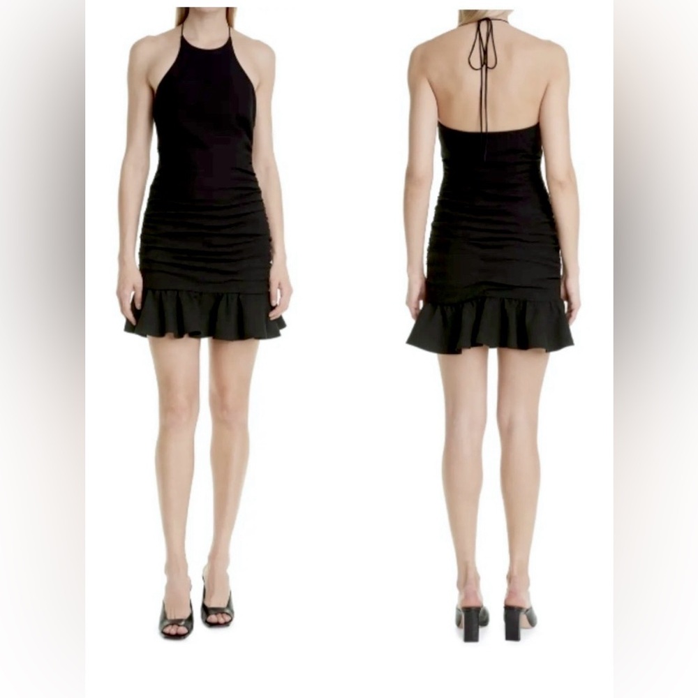 Cinq A Sept Willa Mini Halter Dress Ruffled Hems Fitted Ruched in Black Size 6